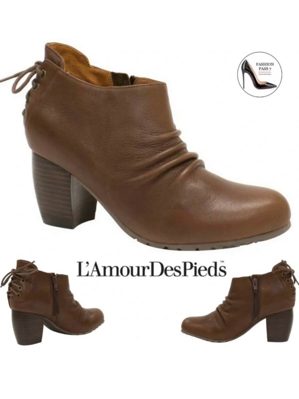L'Amour Des Pieds Priour Espresso Brown Leather Round Toe Block Heel Booties 6.5